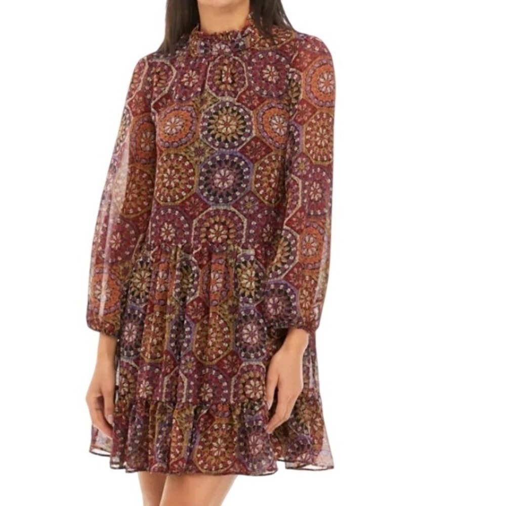Maison Tara Boho Floral Print Mock Neck Tiered Ruffle Dress Multi Color Large‎